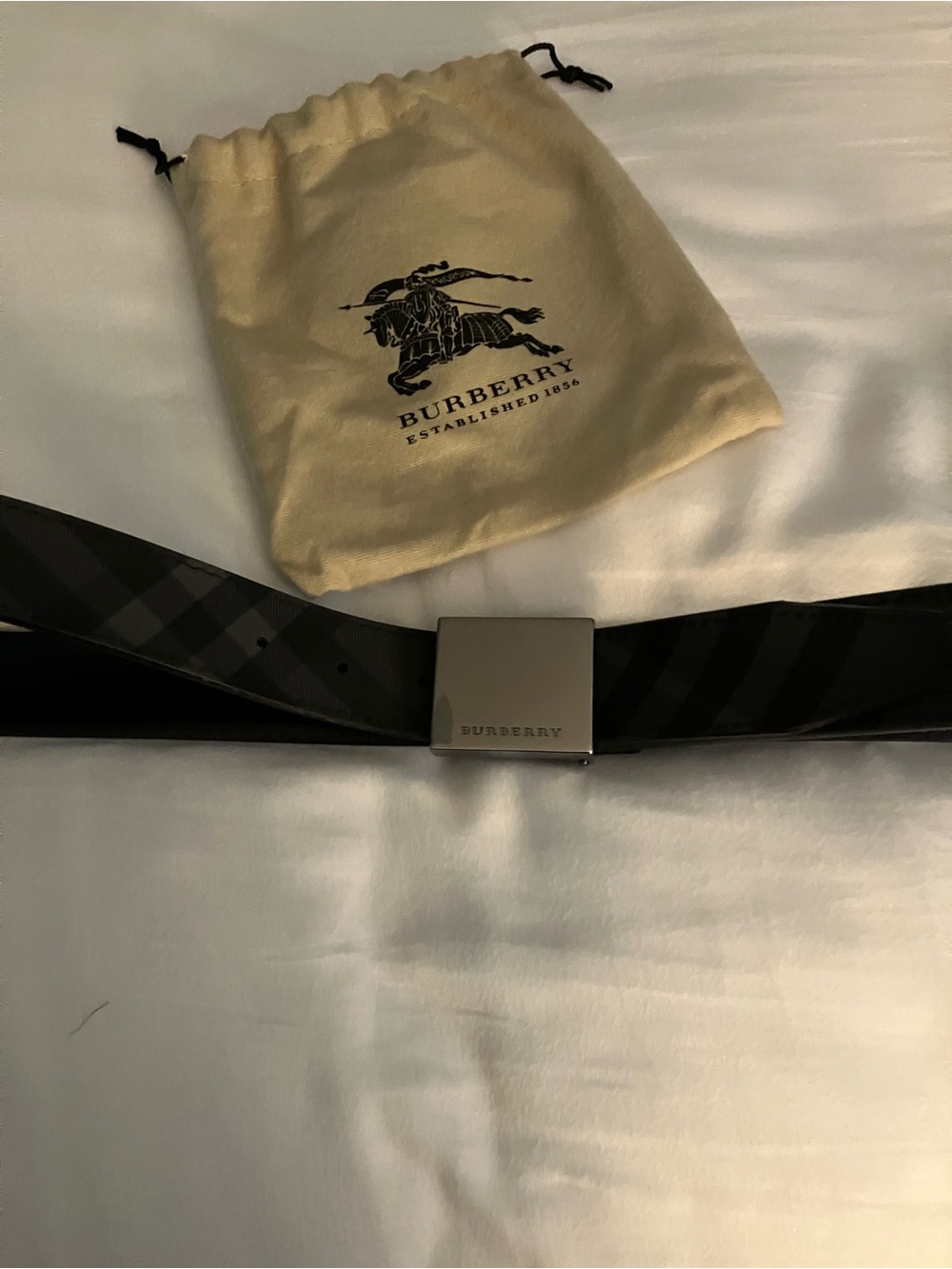 Burberry Black Check Plaid Leather Belt with Brushed Silver Buckle
